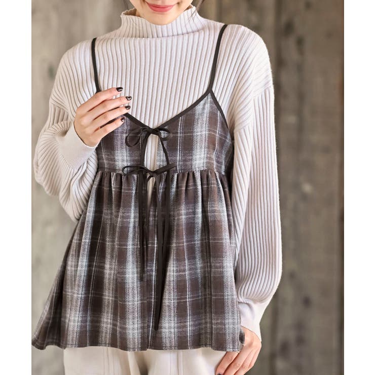 ブラウン | フロントリボン起毛チェックキャミソール | rps