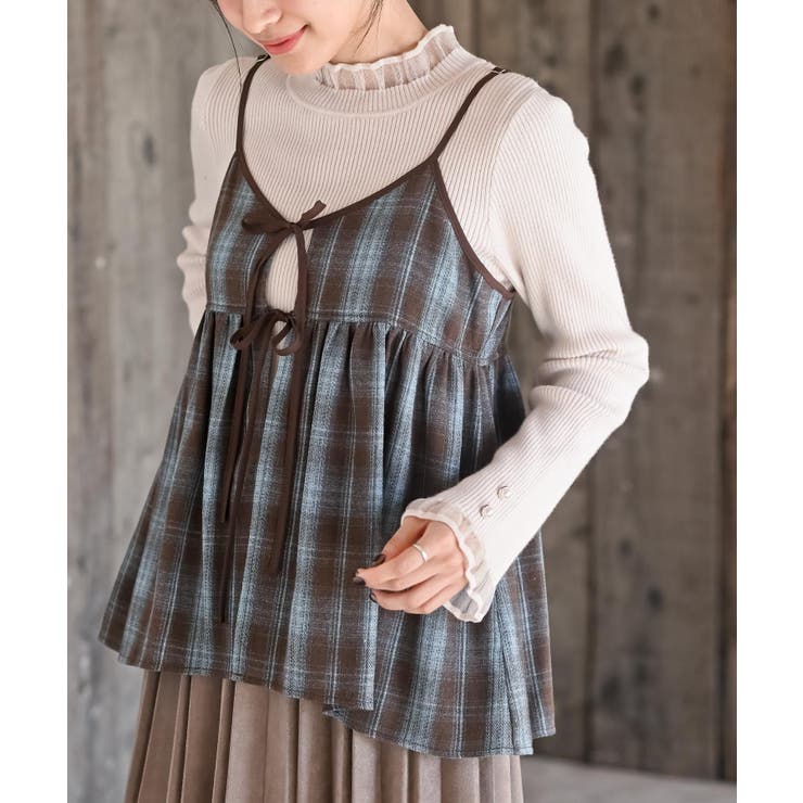 ブルー | フロントリボン起毛チェックキャミソール | rps