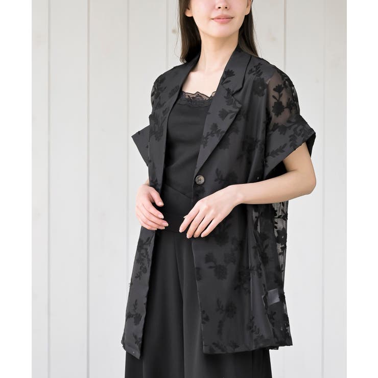 ブラック | シアー総刺繍ハーフスリーブテーラードジャケット | rps