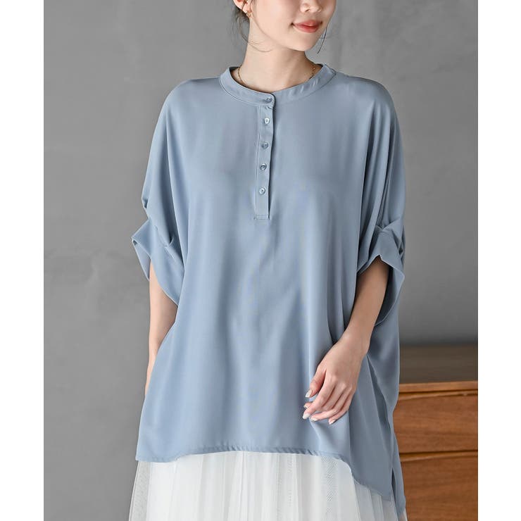 サックス | 袖タックバンドカラードルマンブラウス | rps