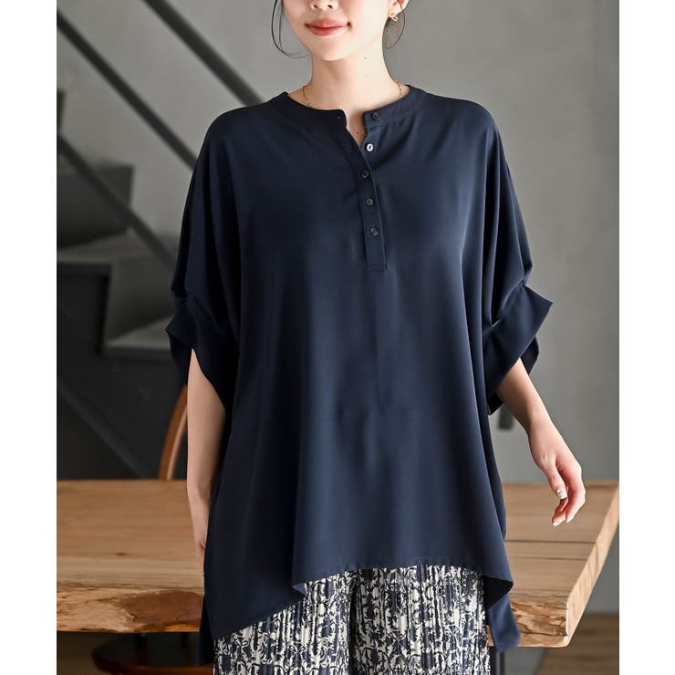 ネイビー | 袖タックバンドカラードルマンブラウス | rps