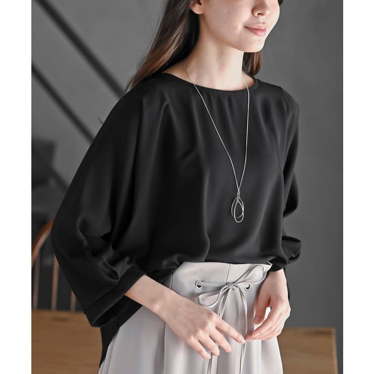 ブラック | ネックレス付き異素材切替裾タックプルオーバー | rps