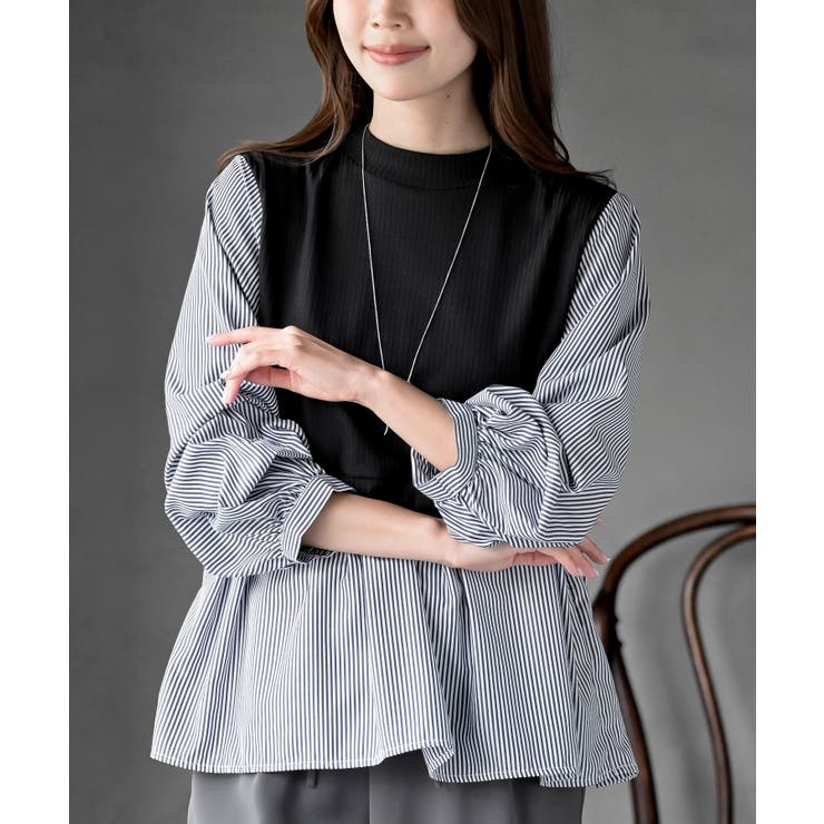 ブラック | 変形タックスリーブ衿付きドッキングブラウス | rps