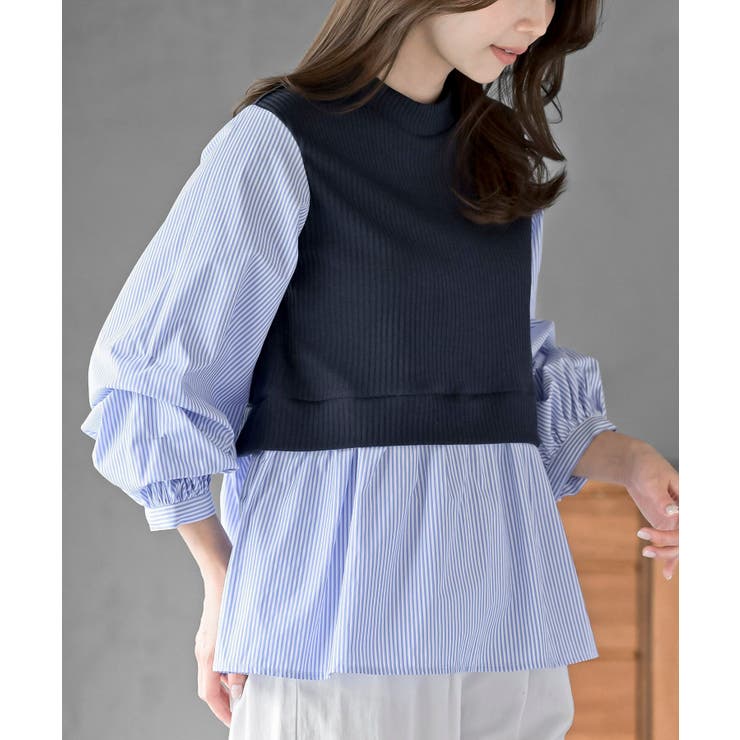 ネイビー | 変形タックスリーブ衿付きドッキングブラウス | rps