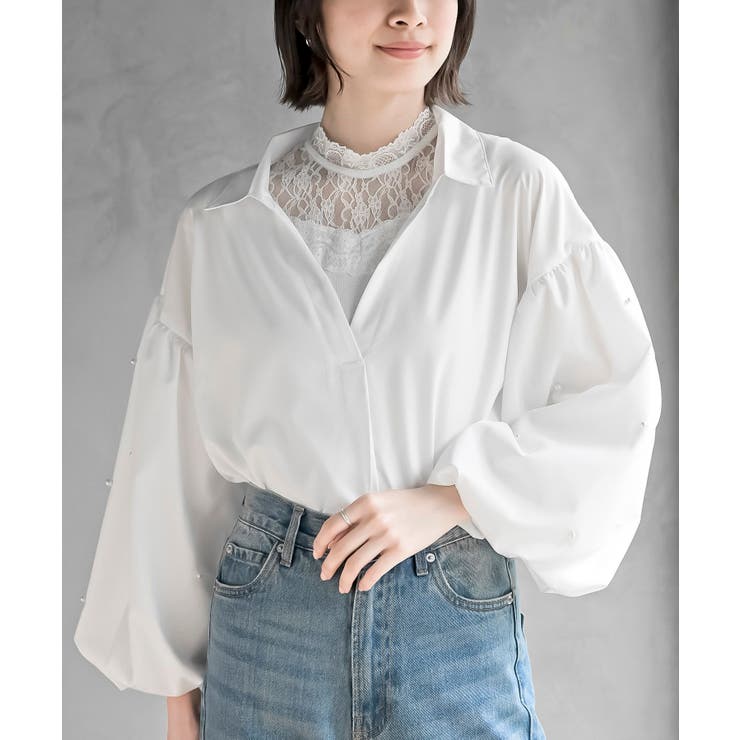 パール ブラウス レディース トップス シャツ 7分袖 スキッパー ファスナー コンサバ 大人可愛い きれいめ シンプル 上品 おしゃれ かっこいい こなれ感 クール パール ブラウス レディース トップス シャツ 7分袖 スキッパー