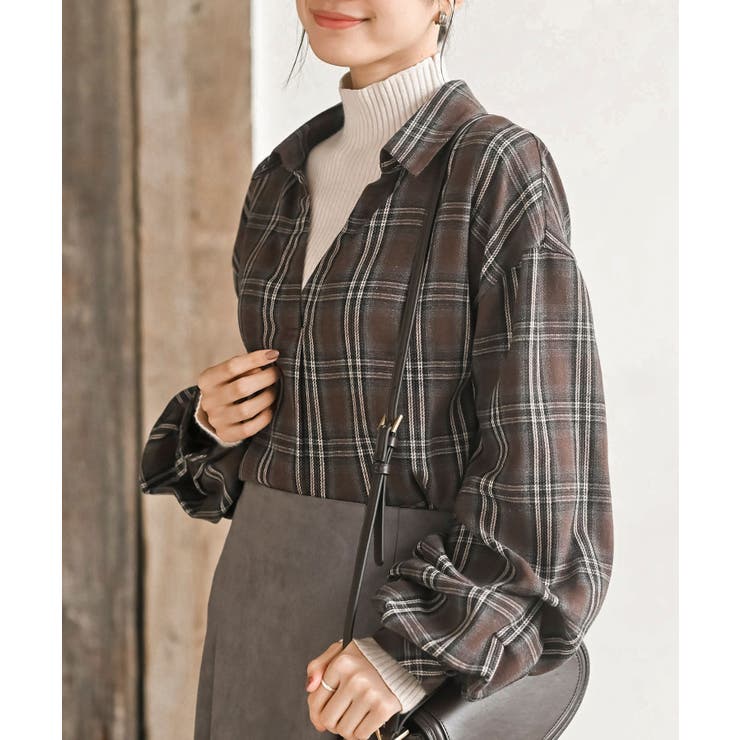 ブラウン | 変形袖タックスキッパーチェックブラウス | rps