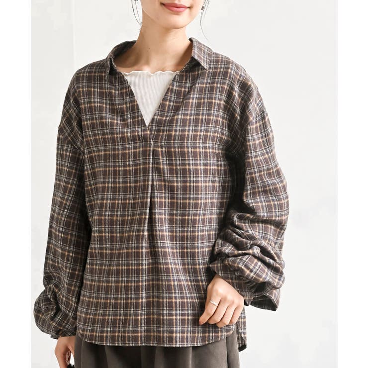 ブルー | 変形袖タックスキッパーチェックブラウス | rps