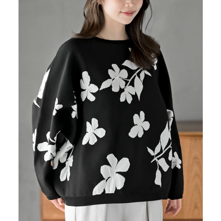 ブラック | 花柄ジャガードスポンジニットワイドプルオーバー | rps