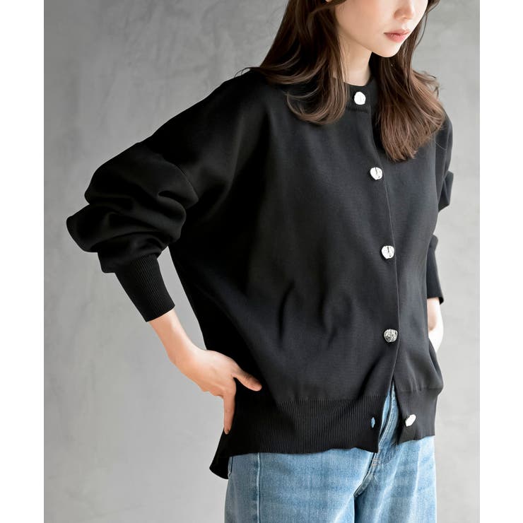 ブラック | ゴールドボタンクルーネックスポンジニットカーディガン | rps