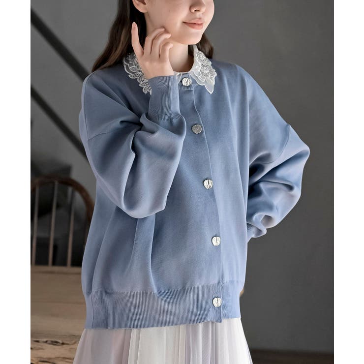 グレイッシュB | ゴールドボタンクルーネックスポンジニットカーディガン | rps