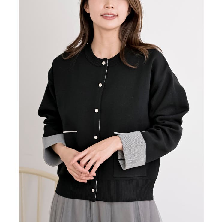 ブラック | バイカラークルーネックスポンジニットカーディガン | rps