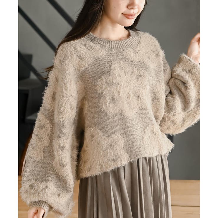 グレージュ | フェザー花柄ショート丈ニットプルオーバー | rps