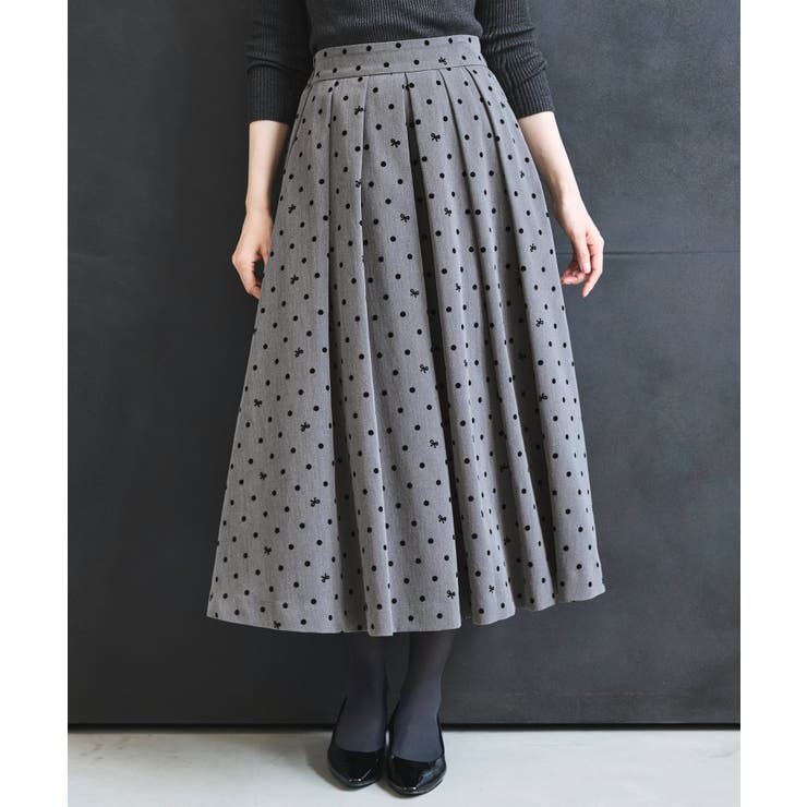 グレー(GY) | ドット＆リボンフロッキータックフレアスカート | RUIRUE BOUTIQUE