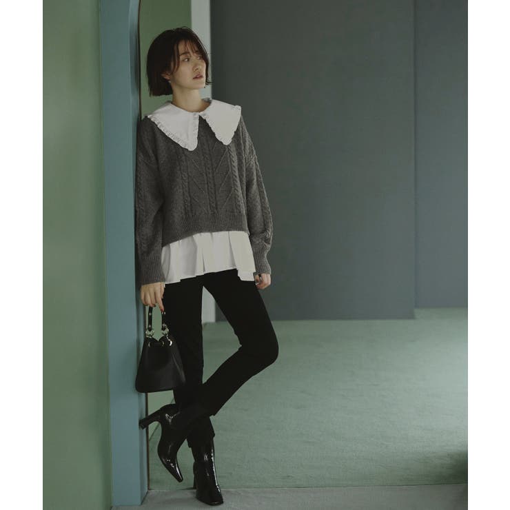杢グレー×オフ(GY) | ビックカラーケーブルニット | RUIRUE BOUTIQUE