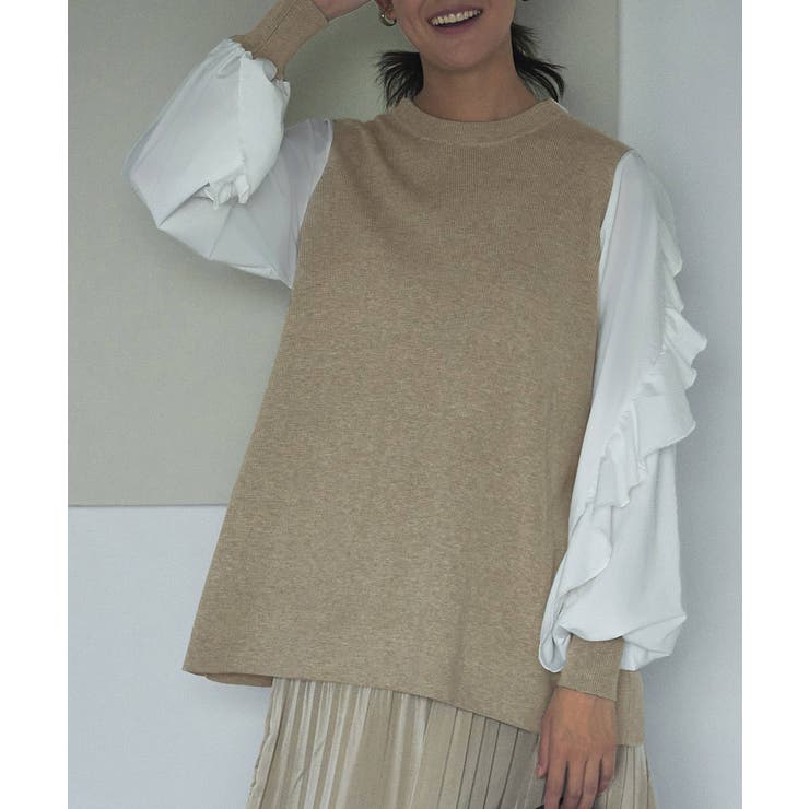 杢ベージュ×オフ(BE) | フリルスリーブプルオーバーニット | RUIRUE BOUTIQUE