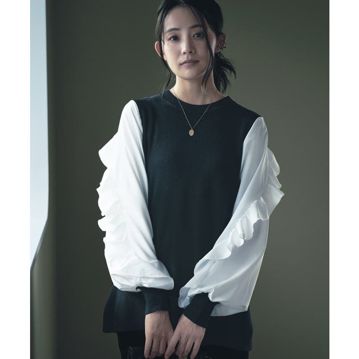 ブラック×オフ(BL) | フリルスリーブプルオーバーニット | RUIRUE BOUTIQUE