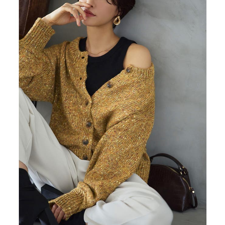 イエロー(DYE) | 前後2WAYミックスラメカラー糸ニットカーデ | RUIRUE BOUTIQUE