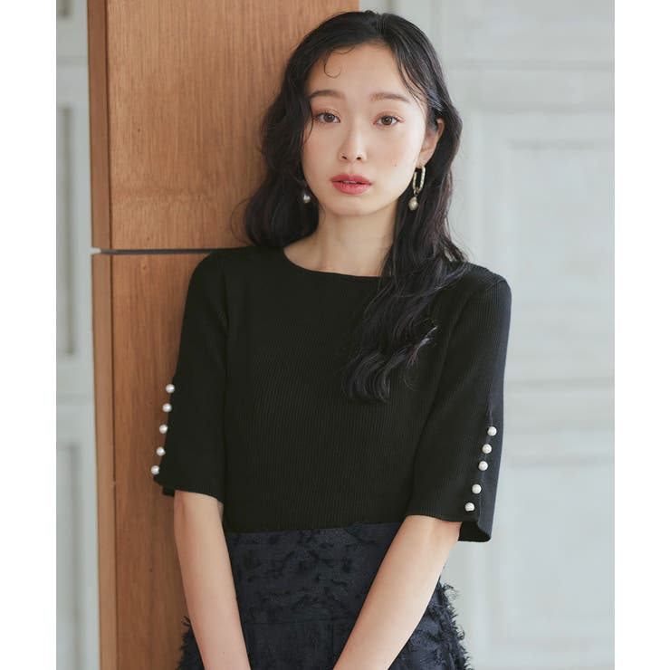 パール釦/ブラック(2BL) | 選べるデザインボタンハーフスリーブリブニット | RUIRUE BOUTIQUE
