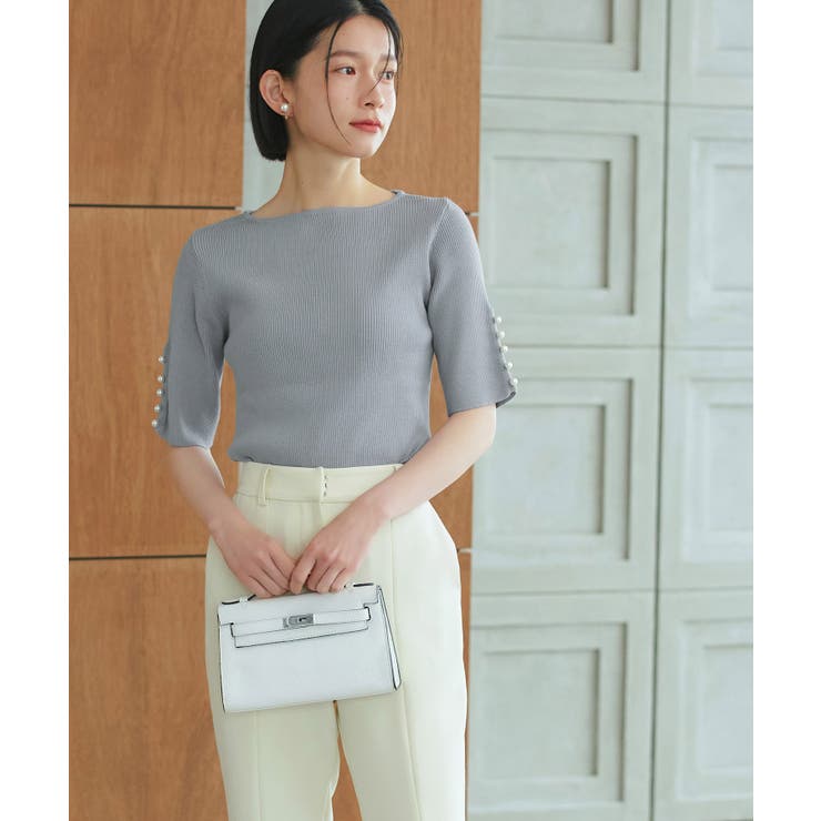 パール釦/スモークブルー(2PBU) | 選べるデザインボタンハーフスリーブリブニット | RUIRUE BOUTIQUE