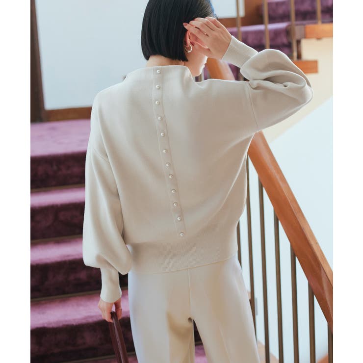 バックパール/アイボリー(WH) | 選べるデザインパールボタンアンチピリングニット | RUIRUE BOUTIQUE