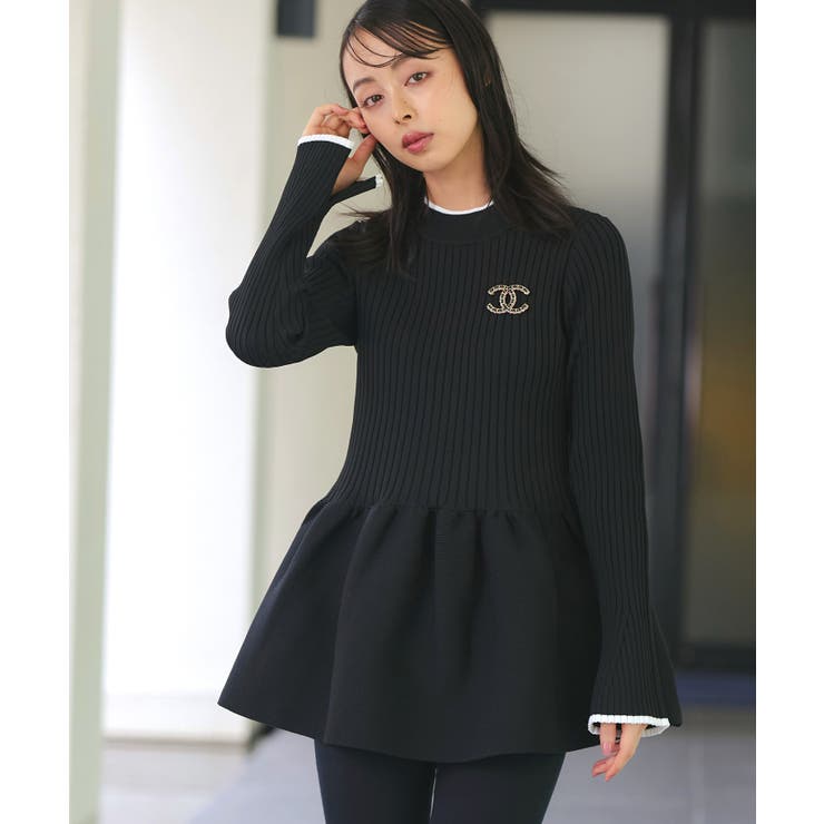 ブラック×オフ(BLZ) | スポンディッシュボリュームぺプラムニット | RUIRUE BOUTIQUE