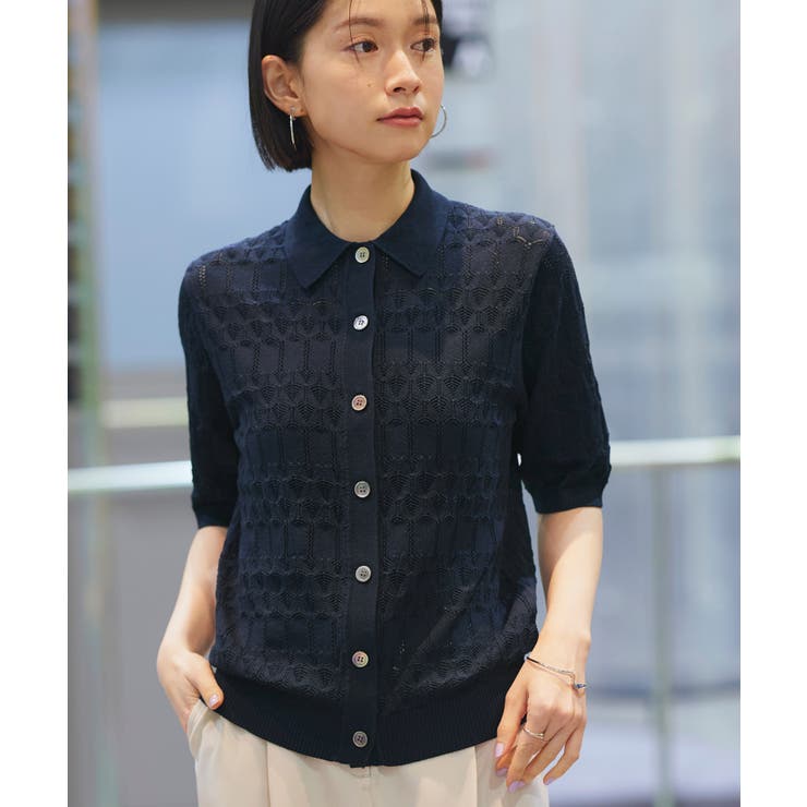 ネイビー(NE) | 透かし編みニットポロ | RUIRUE BOUTIQUE