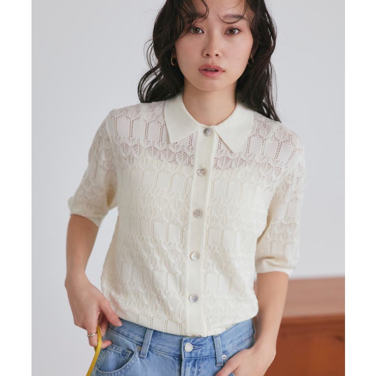 アイボリー(WH) | 透かし編みニットポロ | RUIRUE BOUTIQUE