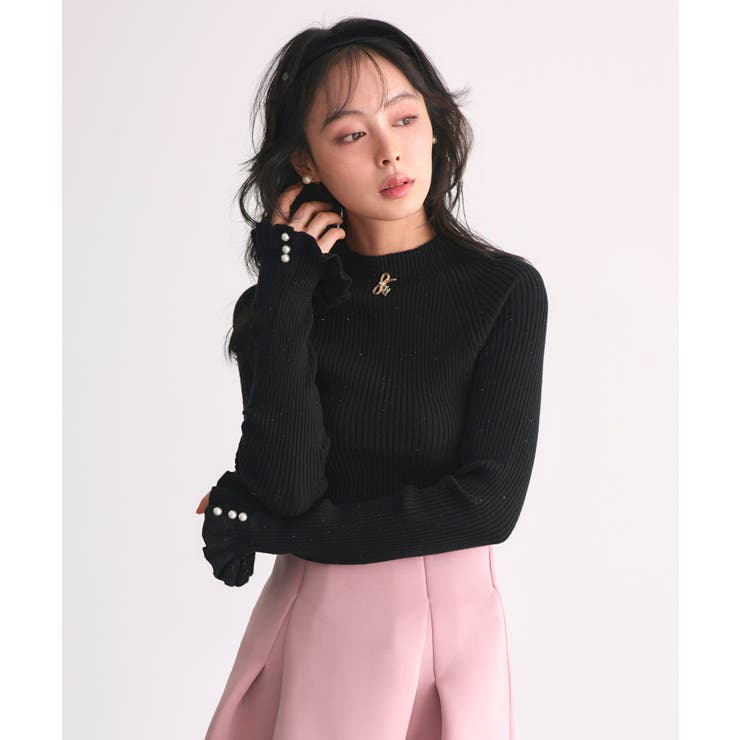 ブラック(BL) | 袖口ニットフリル＆パールRIBニット | RUIRUE BOUTIQUE