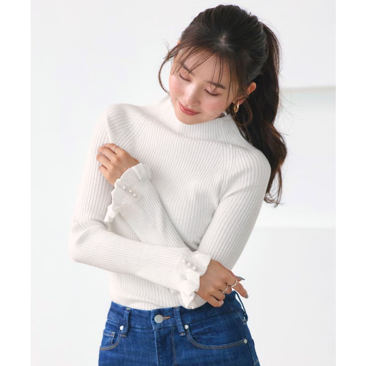 オフホワイト(WH) | 袖口ニットフリル＆パールRIBニット | RUIRUE BOUTIQUE