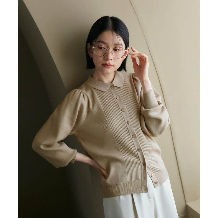 ベージュ(BE) | 衿つきパフニットカーデ | RUIRUE BOUTIQUE