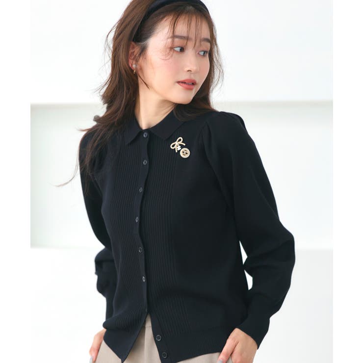 ブラック(BL) | 衿つきパフニットカーデ | RUIRUE BOUTIQUE