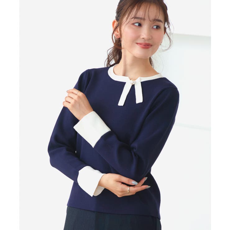 ネイビー×オフ(NEZ) | 衿リボンバイカラーニット | RUIRUE BOUTIQUE