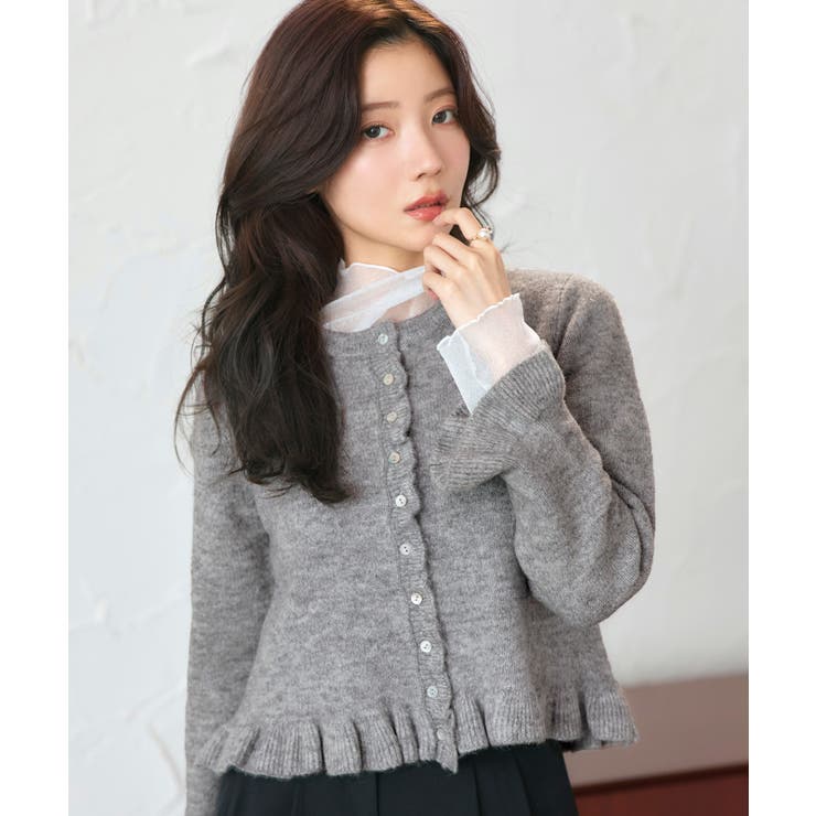 杢グレー(GY) | フリルクルーネックカーデ | RUIRUE BOUTIQUE