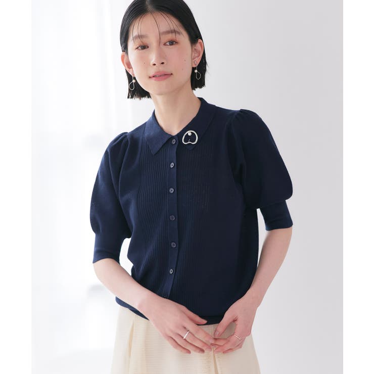 ネイビー(NE) | 衿つきパフスリーブニットカーデ | RUIRUE BOUTIQUE