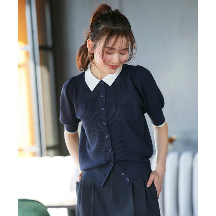 ネイビー×ホワイト(NEZ) | 衿つきパフスリーブニットカーデ | RUIRUE BOUTIQUE