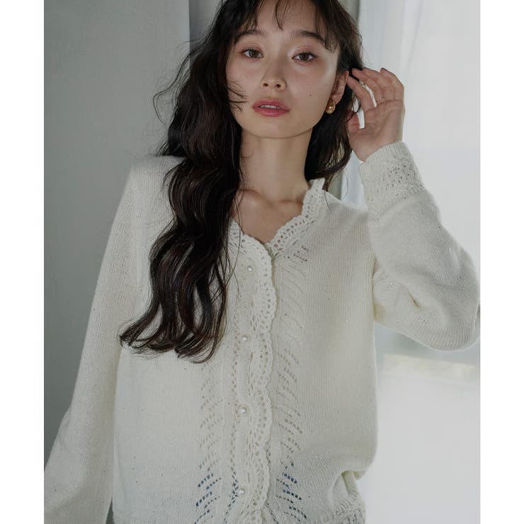 オフグレー(WH) | ウールモヘアブレンドレースカーディガン | RUIRUE BOUTIQUE