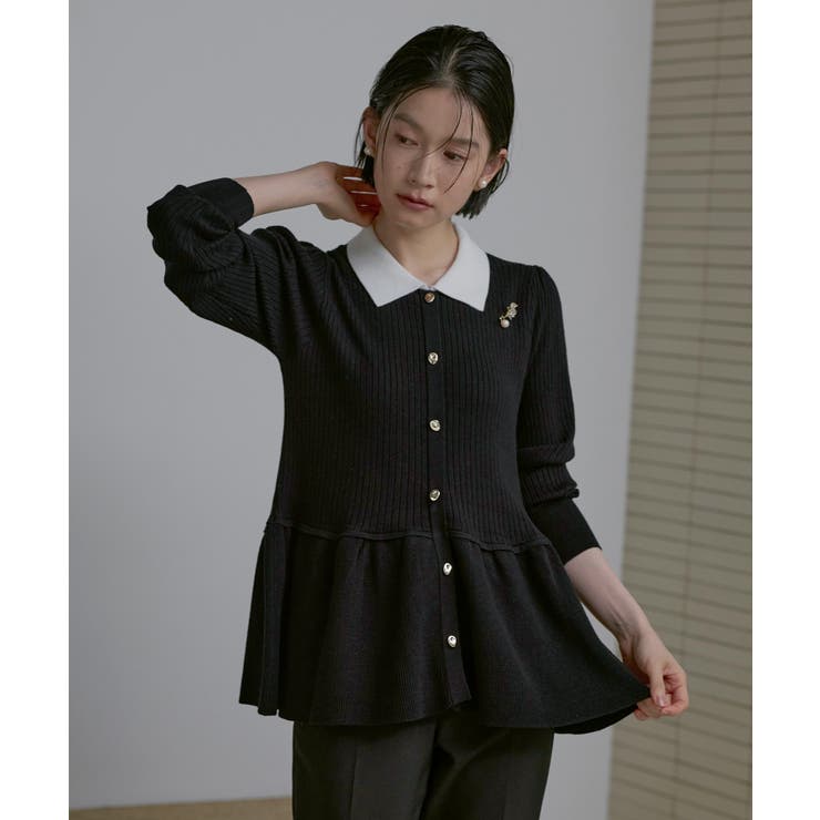 ブラック×オフ(BLZ) | 衿つきペプラムRIBニット | RUIRUE BOUTIQUE