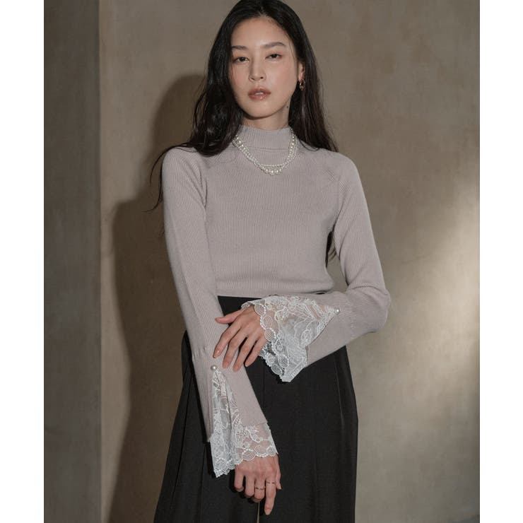 グレー(GY) | レーススリットスリーブリブニット | RUIRUE BOUTIQUE