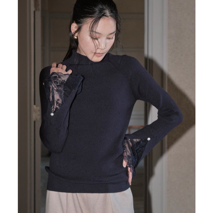 ネイビー(NE) | レーススリットスリーブリブニット | RUIRUE BOUTIQUE