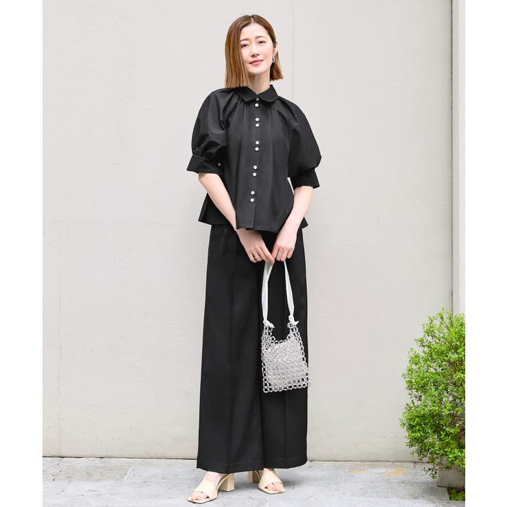 ブラック(BL) | 【洗える/2set】タックギャザーシャツ/綺麗シルエット・ワイドパンツ | RUIRUE BOUTIQUE