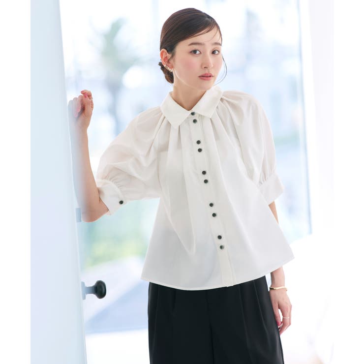 ホワイト×ブラック(BLZ) | 【洗える/2set】タックギャザーシャツ/綺麗シルエット・ワイドパンツ | RUIRUE BOUTIQUE
