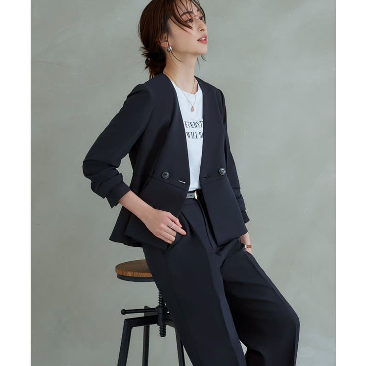 ネイビー(NE) | タックペプラムノーカラージャケット＆ワンタックパンツスーツ | RUIRUE BOUTIQUE