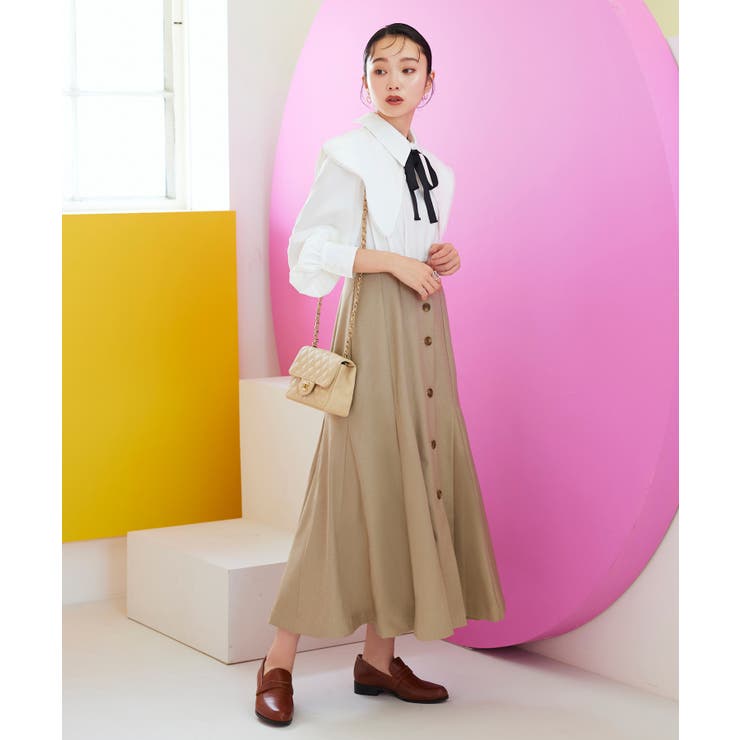 ベージュ×オフ(BE) | ビッグカラードッキングマーメイドシルエットワンピース | RUIRUE BOUTIQUE