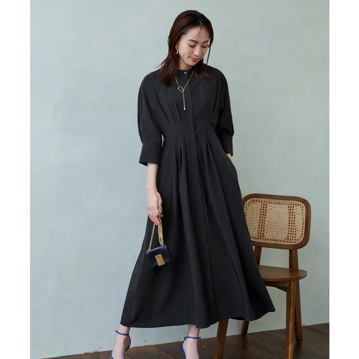 ブラック(BL) | ウエストタック・バンドカラーロングワンピース | RUIRUE BOUTIQUE