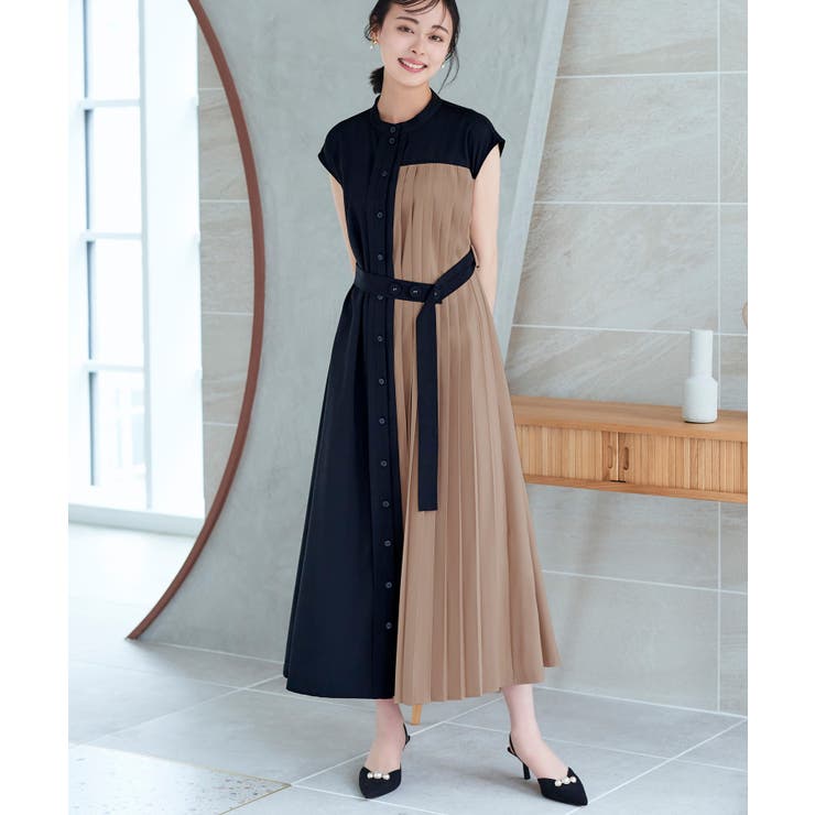 ブラック×ベージュ(BEZ) | プリーツパネル・フレンチスリーブ ロングワンピース | RUIRUE BOUTIQUE