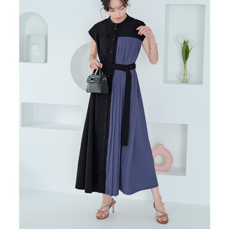 ブラック×ブルー(BUZ) | プリーツパネル・フレンチスリーブ ロングワンピース | RUIRUE BOUTIQUE