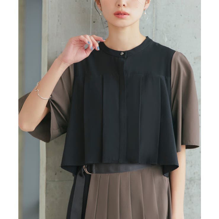 バイカラーシャツプリーツ半袖ワンピース | RUIRUE BOUTIQUE | 詳細画像12 