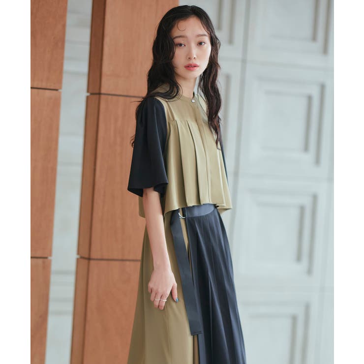 バイカラーシャツプリーツ半袖ワンピース | RUIRUE BOUTIQUE | 詳細画像4 