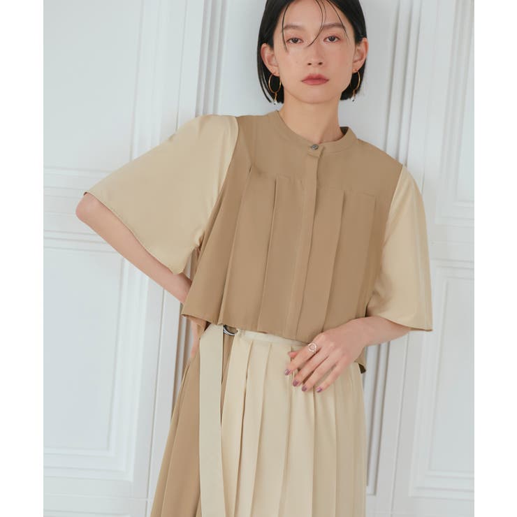 バイカラーシャツプリーツ半袖ワンピース | RUIRUE BOUTIQUE | 詳細画像7 