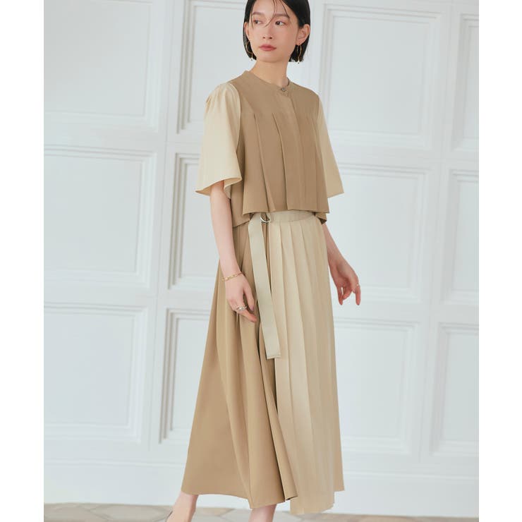 ベージュ×ライトベージュ(BEZ) | バイカラーシャツプリーツ半袖ワンピース | RUIRUE BOUTIQUE
